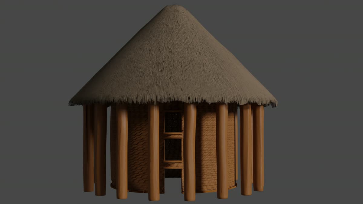 Render del bohío muisca con techo de paja