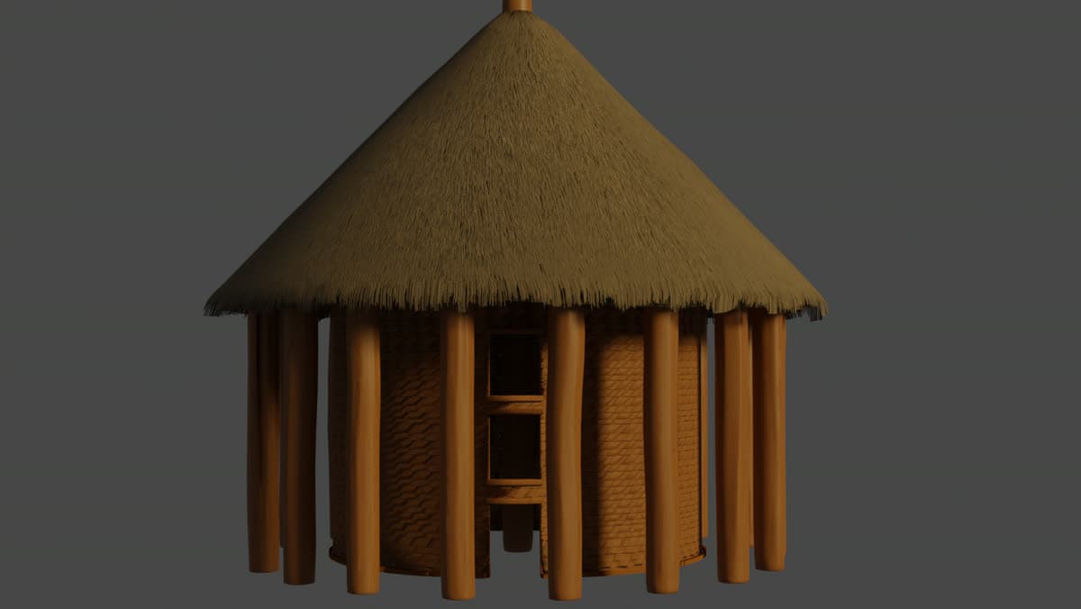 Render del bohío muisca, iluminación cálida